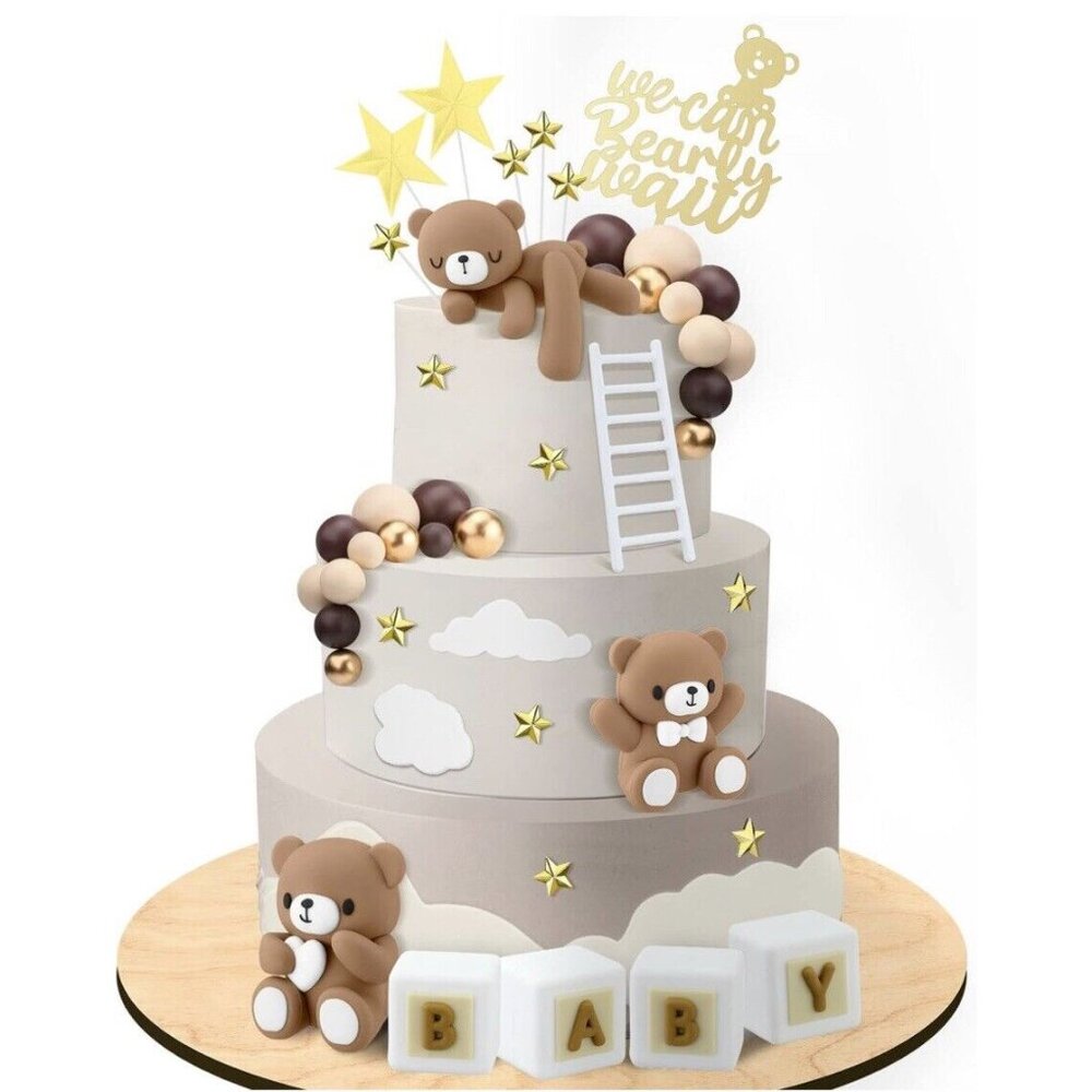 41 pc Bear Cake Toppers Mini Bear Cake Decorations  Gold White Pearl Ball